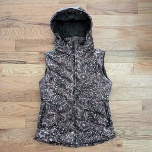 Patagonia Down With It Vest Women's Medium Brown Paisley Goose Puffer Lined Hood